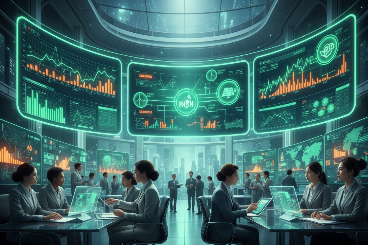 Un centro di controllo futuristico con schermi luminosi verdi che mostrano dati e grafici, e persone in abito formale sedute alle scrivanie.